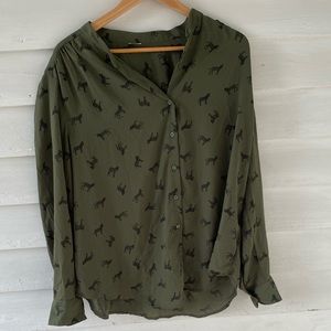 Long sleeve army green zebra print blouse